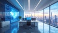 Modern office with large screen displaying global data at sunset Royalty Free Stock Photo