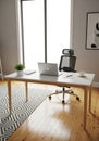 Modern office with large windows featuring a light wooden desk, ergonomic mesh Royalty Free Stock Photo