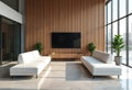 Modern office lobby features spacious layout with two comfortable white sofas. Wooden wall panels provide warm ambiance. Large Royalty Free Stock Photo