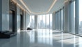 Modern office lobby interior design with cityscape view through panoramic windows. Clean bright workspace with elevator. Royalty Free Stock Photo