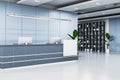 Modern office lobby interior with empty white mock up banner and other items. Royalty Free Stock Photo