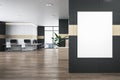 Modern office lobby interior with empty white mock up poster, furniture, reception desk, window with city view and wooden flooring Royalty Free Stock Photo