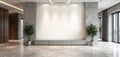 Modern office lobby with mockup wall for display. Features elegant concrete columns, sleek cabinets, and potted plants. Empty Royalty Free Stock Photo