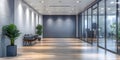 Modern office lobby with white walls and wooden floor and glass doors in office building Royalty Free Stock Photo