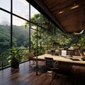 A modern office in a loft overlooking the Amazon rainforest
