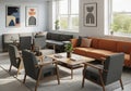 Modern office lounge with a mix of gray and orange sofas and armchairs featuring Royalty Free Stock Photo