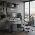 Modern office with a minimalist design featuring a height-adjustable desk, dual Royalty Free Stock Photo