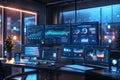 A modern office with multiple computer screens displaying data visualizations and AI algorithms analyzing user behavior Royalty Free Stock Photo