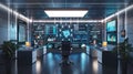 A modern office with multiple screens displaying data and algorithms used to analyze user behavior and optimize ad Royalty Free Stock Photo