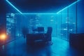 modern futuristic office interior with glass walls overlooking city skyline illuminated by blue neon lighting at night Royalty Free Stock Photo