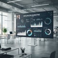 Modern office with an oversized digital screen displaying data visuals labeled Royalty Free Stock Photo