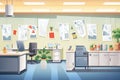 modern office with paper recycling stations, magazine style illustration