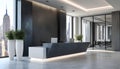 Modern office reception interior with sleek design and illuminated desk Royalty Free Stock Photo