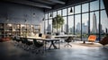 Modern office room boasted an empty interior with sleek desk and chair design, ideal for conducting business indoors, including a Royalty Free Stock Photo