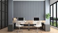 Modern office room with desk and computer, gray slat wall and built-in wooden cabinet. 3d rendering