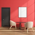 Modern office room interior with design armchair and round table, black door, mock up framed poster on red wall, parquet floor. No Royalty Free Stock Photo