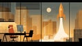 Modern office with plants and computer, featuring rocket launch in window view against vibrant clouds and blue sky.Generative AI Royalty Free Stock Photo