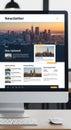 Modern office setting with a computer screen displaying a digital newsletter. Design Royalty Free Stock Photo