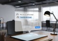 A modern office setting with a digital interface displaying chat messages between a user and a Royalty Free Stock Photo