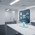 A modern office setting features a white desk with a computer displaying an AI Royalty Free Stock Photo