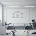 Modern office setting featuring a whiteboard with a flowchart. The diagram includes Royalty Free Stock Photo