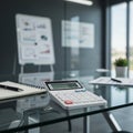 Modern office setting with a glass table featuring a white calculator displaying