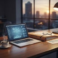 A modern office setting with a laptop displaying data charts and graphs on a wooden Royalty Free Stock Photo