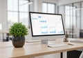 Modern office setting with a large computer monitor displaying data analytics, including bar and Royalty Free Stock Photo