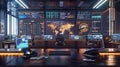 A modern office setting showcasing a marketers workspace, featuring multiple screens displaying AI algorithms analyzing Royalty Free Stock Photo