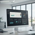 Modern office setting with a sleek computer displaying data analytics dashboards. Royalty Free Stock Photo