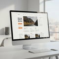 A modern office setting with a sleek desktop computer displaying a website mockup.