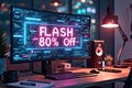 Modern office setup with bright flash off sale on computer screen Royalty Free Stock Photo