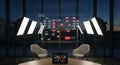 Modern Office Setup with Data Visualization, Presentation Tech, and Studio Lights at Dusk Royalty Free Stock Photo
