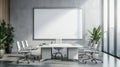 Modern office setup with empty whiteboard for presentations in sleek workspace