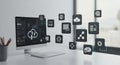 A modern office setup features a computer monitor displaying data and cloud Royalty Free Stock Photo