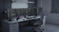 Modern office setup featuring multiple large monitors displaying programming code, Royalty Free Stock Photo