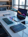 Modern office setup with financial data analytics on multiple devices Royalty Free Stock Photo
