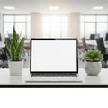 Modern office setup with laptop and plants isolated on white background isolated on white background Royalty Free Stock Photo