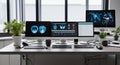 Multiple computer monitors displaying medical scans on a desk with plants and keyboards Royalty Free Stock Photo