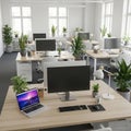 Modern office setup with plants, isolated on white background Royalty Free Stock Photo