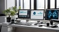 A desk with three computer monitors displaying graphs and medical imagery in an office space Royalty Free Stock Photo