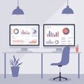 Modern office setup with two computer monitors displaying data analytics, graphs, Royalty Free Stock Photo