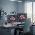 Modern office setup with a white desk, featuring dual computer monitors displaying Royalty Free Stock Photo