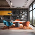A modern office space with clean lines, ergonomic furniture, and pops of color1