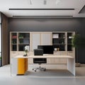 A modern office space with clean lines, ergonomic furniture, and pops of color2
