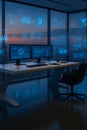 Modern office space design with data visualization interfaces and cityscape backdrop showcasing futuristic professional Royalty Free Stock Photo