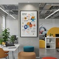 Modern office space featuring a creative infographic poster on a concrete wall. The Royalty Free Stock Photo