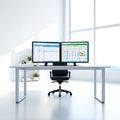 Modern office space featuring a large white desk with dual computer monitors displaying spreadsheets. Royalty Free Stock Photo