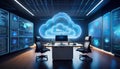 modern office space featuring a sleek workstation, large screens displaying data, and a glowing cloud symbolizing cloud
