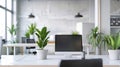 Modern office space interior with green plants, desks and computers, empty room with white design. Theme of business, table, Royalty Free Stock Photo